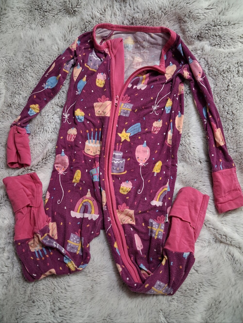 Little Sleepies Purple & Pink Birthday Print Zip Footed Pajamas